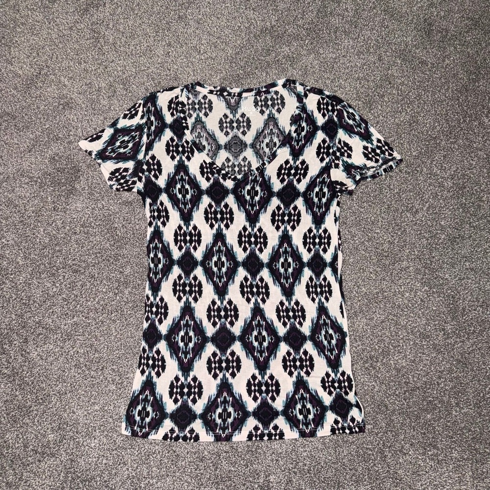 Mudd Women's V-Neck White, Black & Teal Tribal Ikat Print Shirt - Medium